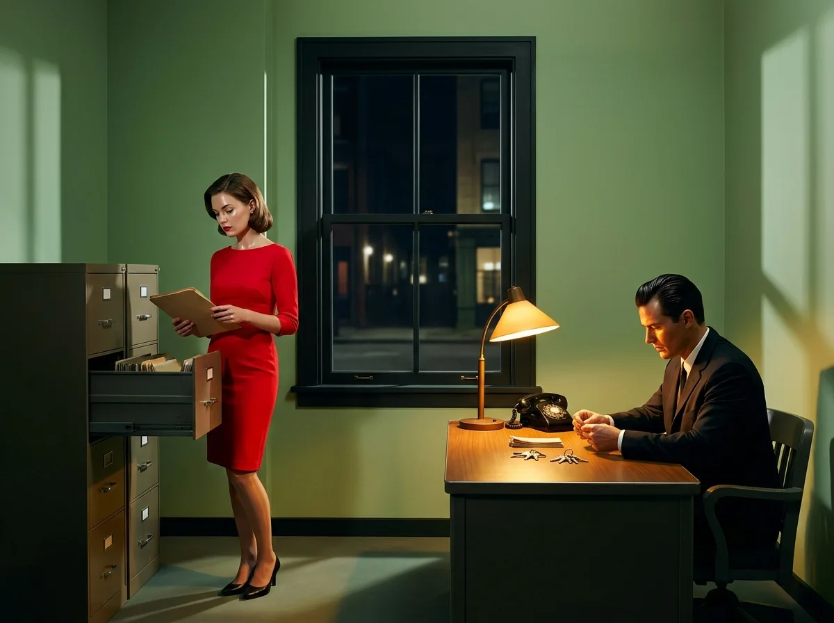 Painting of a woman in a red dress at an open filing cabinet in a small office at night while a man at a lamp-lit desk counts a stack of house keys beside a rotary phone