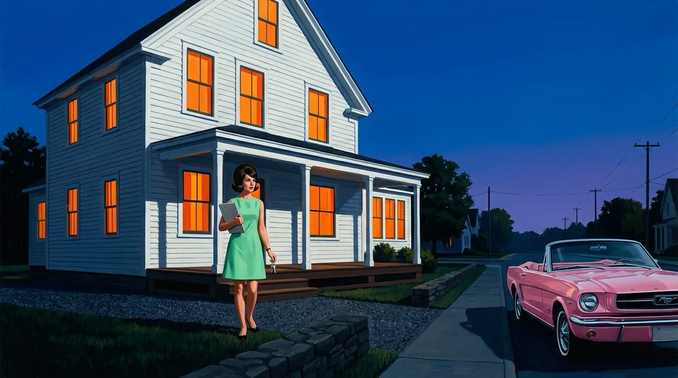 Painting of a white clapboard guesthouse at dusk with tangerine-lit windows, a woman in a mint dress on the porch holding a laptop and keys, and a pink convertible at the curb