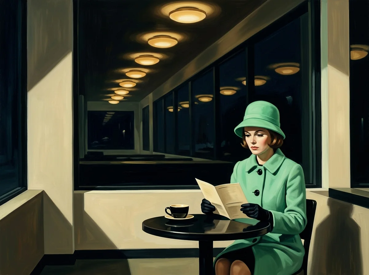 Painting of a woman in a mint green coat and cloche hat sitting alone at a small cafeteria table with a coffee, reading a folded paper brochure under a dark window