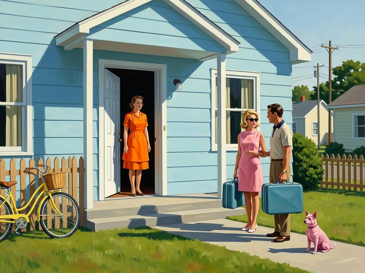 Painting of a host in a tangerine apron standing in the open doorway of a pastel blue house, talking to a couple with suitcases on the path in hard morning light