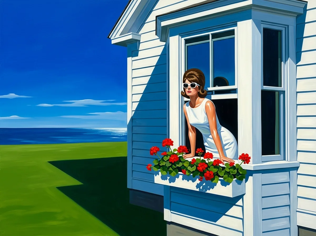 Painting of a woman in a white dress leaning out of the bay window of a white wooden house toward the sea light, with a window box of red geraniums and a huge cobalt sky