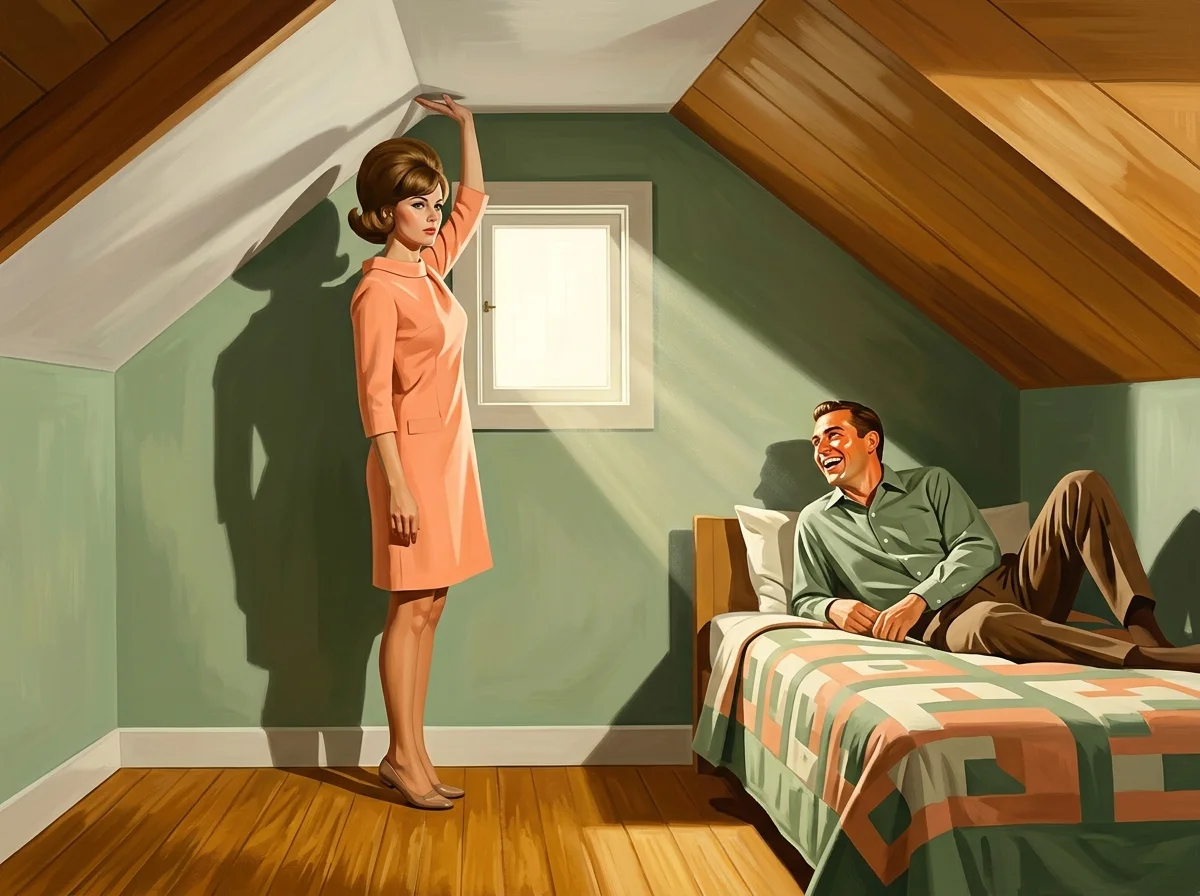 Painting of an attic bedroom with a steeply slanted ceiling where a woman in a peach dress on tiptoe measures the low ceiling with her hand while a man laughs on the bed