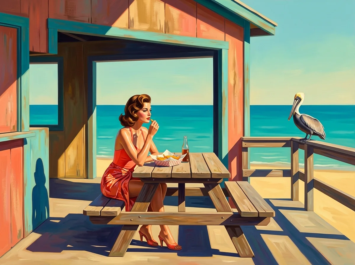 Painting of a beachfront fish shack at golden hour with a woman in a coral swimsuit eating from a paper basket at a picnic table while a pelican perches on the railing