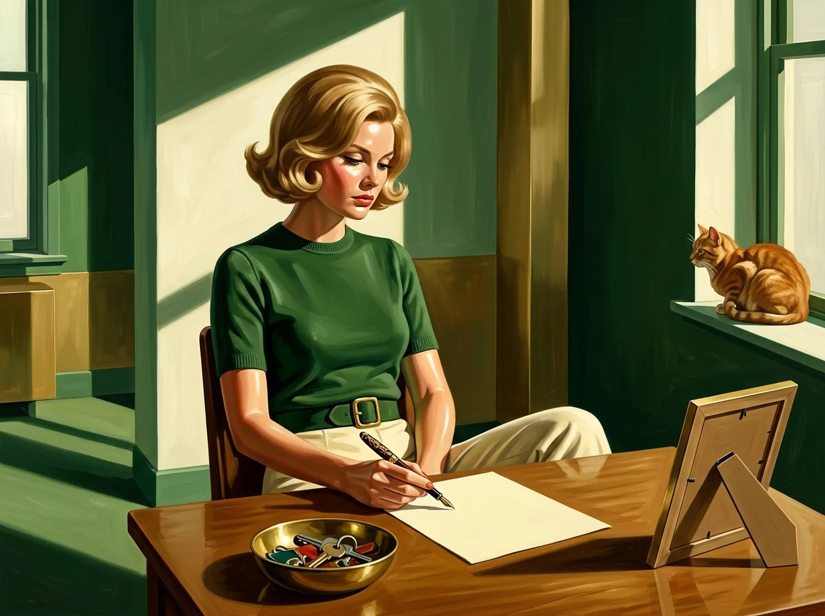 Painting of a woman at a desk in a sunlit green study holding a fountain pen over blank paper, with a bowl of house keys and a ginger cat on the windowsill