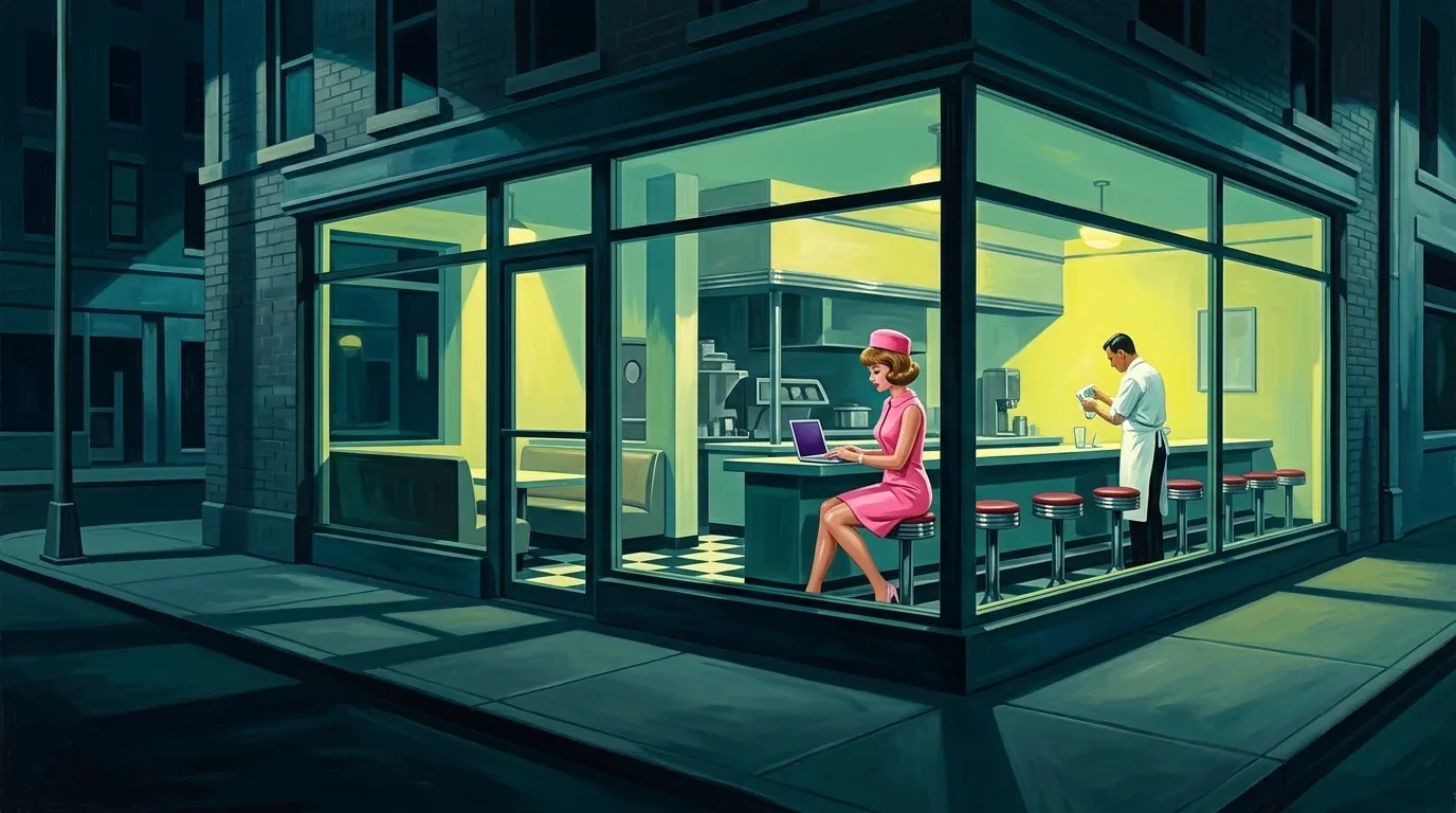 Painting of a glass-fronted corner diner at night, lit yellow against a teal sky, where a lone woman in a pink dress types on a laptop at the counter