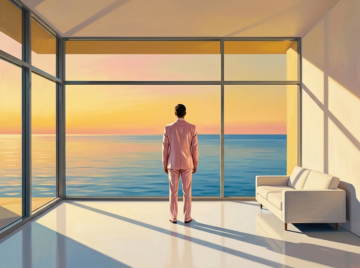 Painting of a man in a pale pink suit standing with his back to the viewer at a huge picture window framing a calm ocean at golden hour