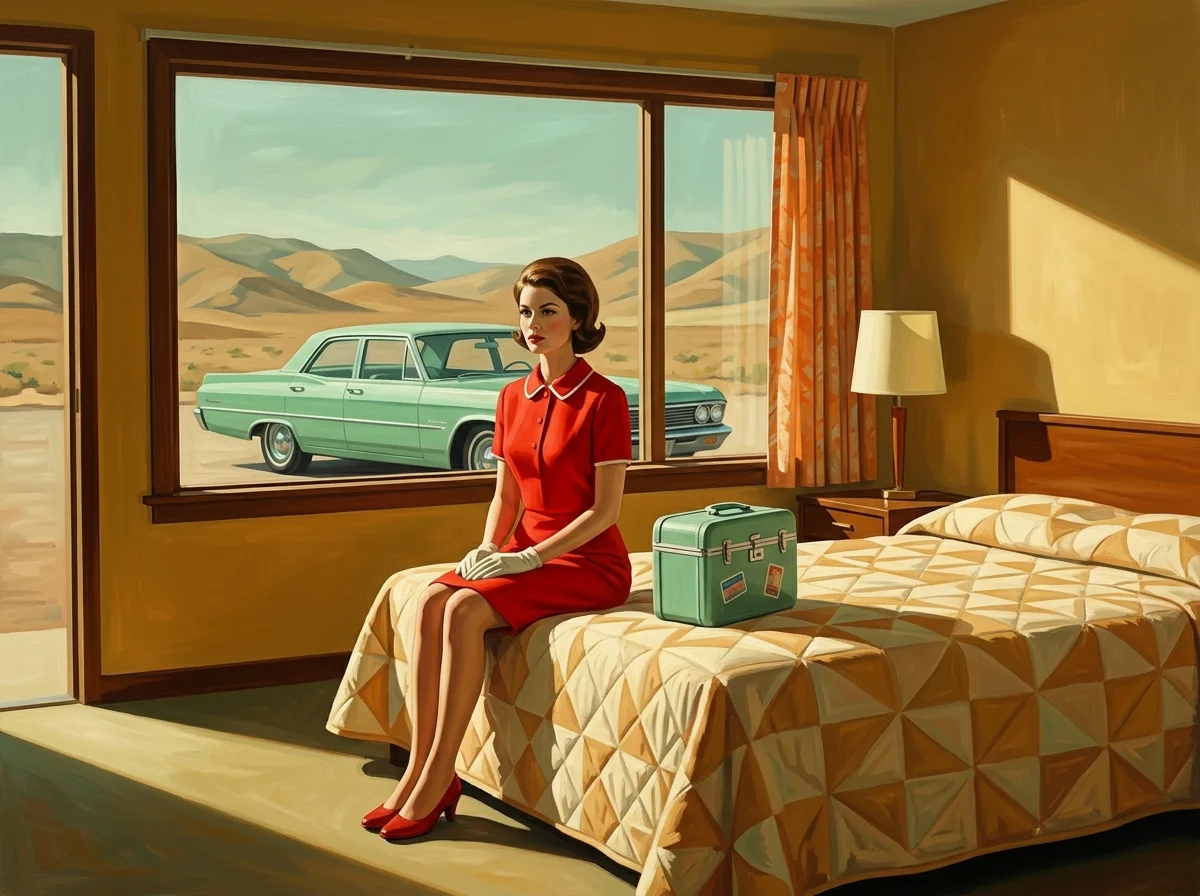 Painting of a woman in a red dress sitting upright on the end of a motel bed beside a small suitcase, with a mint green vintage car and desert hills visible through the window