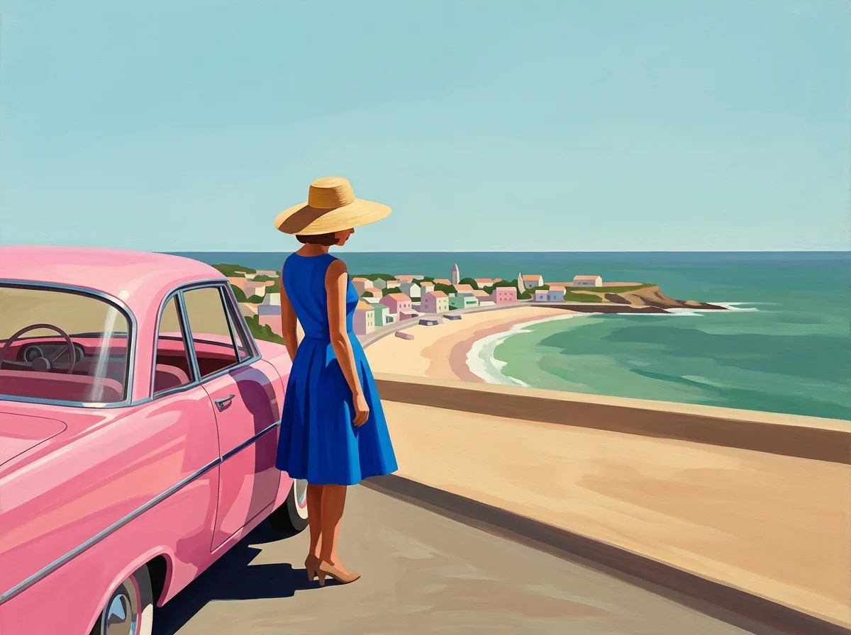 Painting of a woman in a straw hat and cobalt dress at a roadside overlook beside a pink vintage car, looking down at a small pastel coastal town and a curving beach