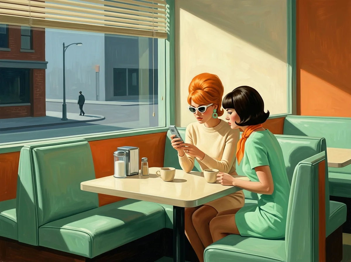 Painting of two women in candy-colored 1960s outfits at a diner booth by a big window, one showing the other something on her phone over two coffee cups