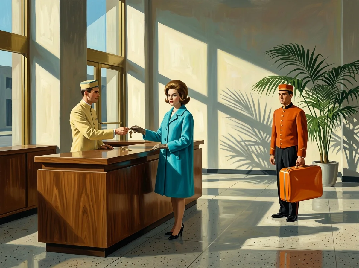Painting of a mid-century hotel lobby where a woman in a turquoise coat receives a brass key from a clerk at a walnut desk while a bellhop waits with a tangerine suitcase