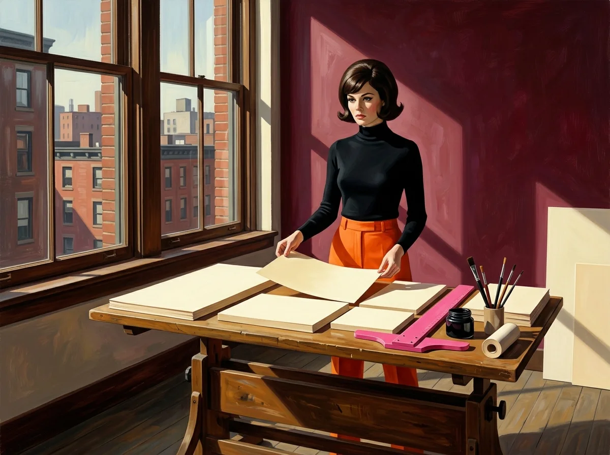 Painting of a woman in a black turtleneck and tangerine trousers at a drafting table in a sunlit studio, arranging large sheets of blank cream paper beside a pink T-square and a pot of black ink