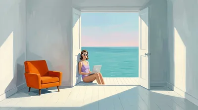 Painting of a bare white room whose open doorway looks straight onto a turquoise sea, with a tangerine armchair and a woman in a lilac swimsuit sitting on the step with a laptop