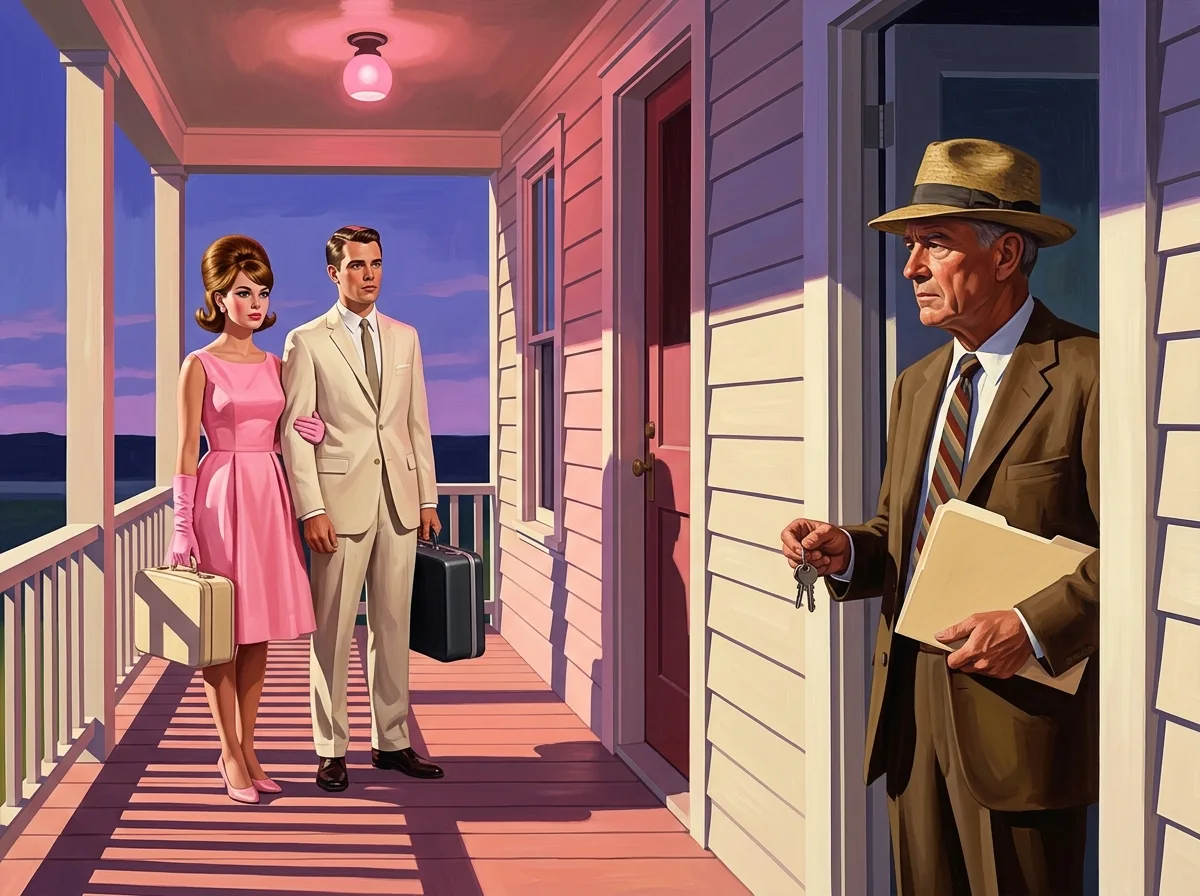 Painting of a wide porch at dusk lit by a pink porch light, with a young couple and a suitcase waiting at the door on one side and an older man in a straw hat holding keys and a folder on the other