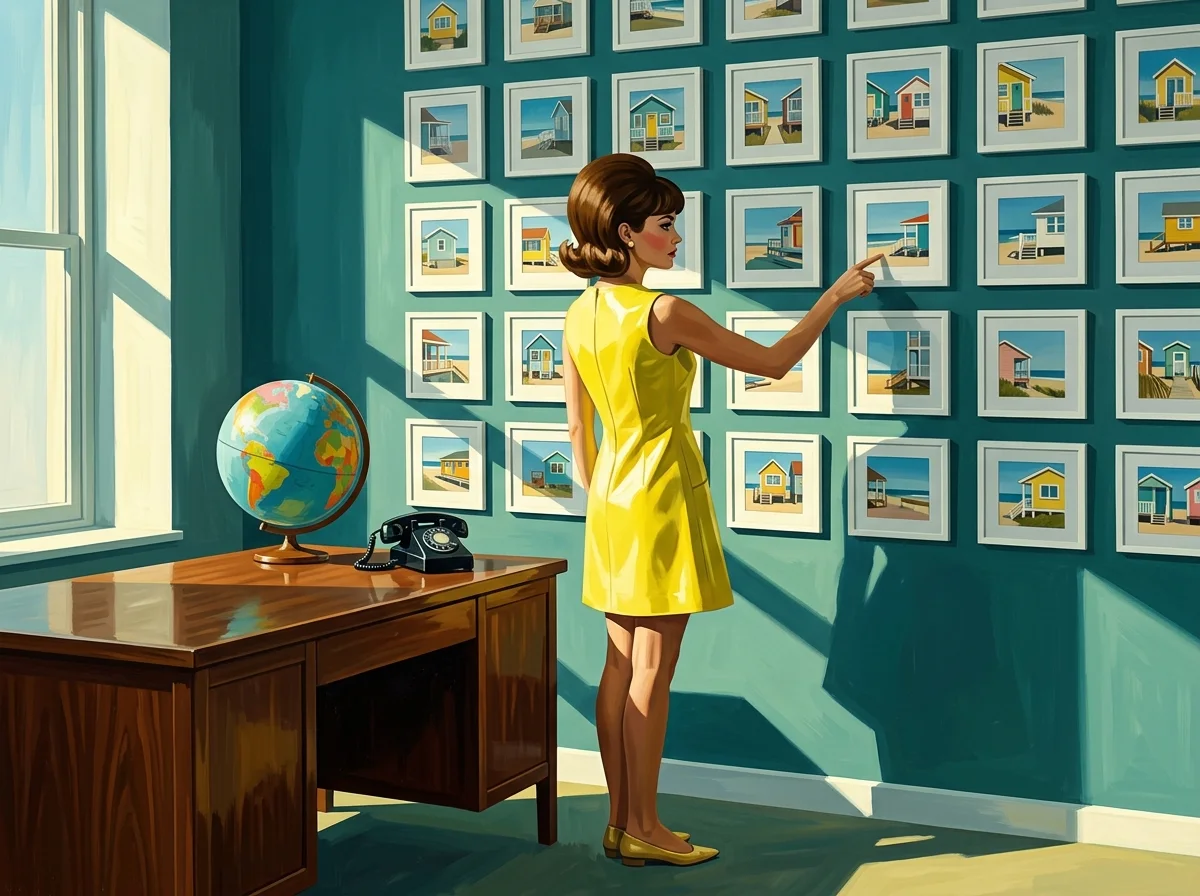Painting of a woman in a lemon yellow dress in a sunlit office pointing at one of a wall of small framed photographs of beach houses, with a rotary phone and a globe on a walnut desk