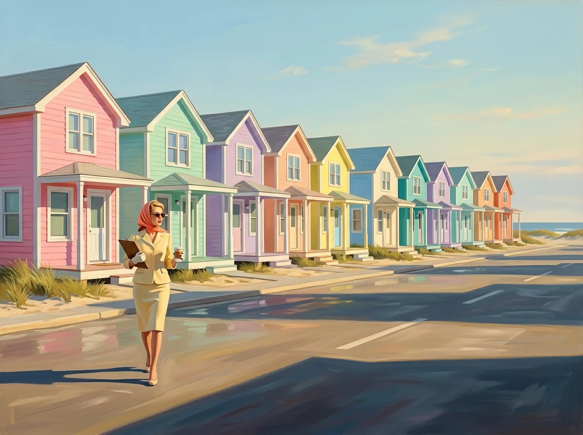 Painting of a long row of identical beach cottages, each painted a different pastel, in early morning light with long shadows, while a lone woman with a clipboard and a coffee walks the empty road