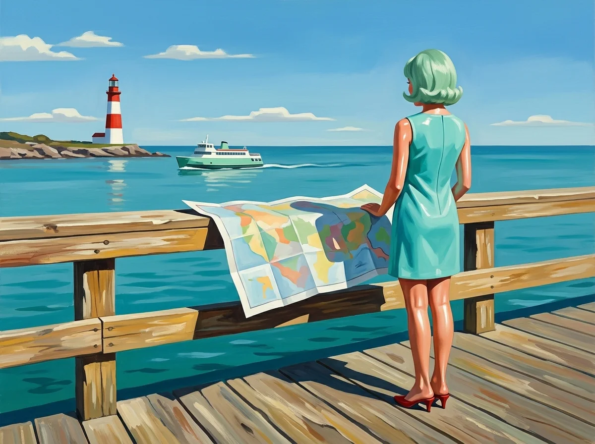 Painting of a woman on a wooden pier at noon with a large paper map spread on the railing, a red and white lighthouse across a turquoise bay and a mint green ferry crossing