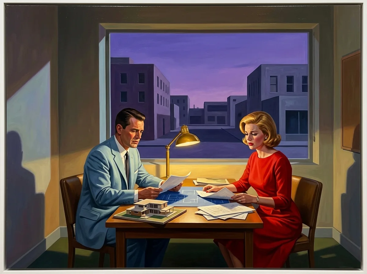 Painting of a man in a pastel blue suit and a woman in a red dress in a small office at dusk reviewing papers under a desk lamp, with a model house on the desk and a purple evening sky in the window