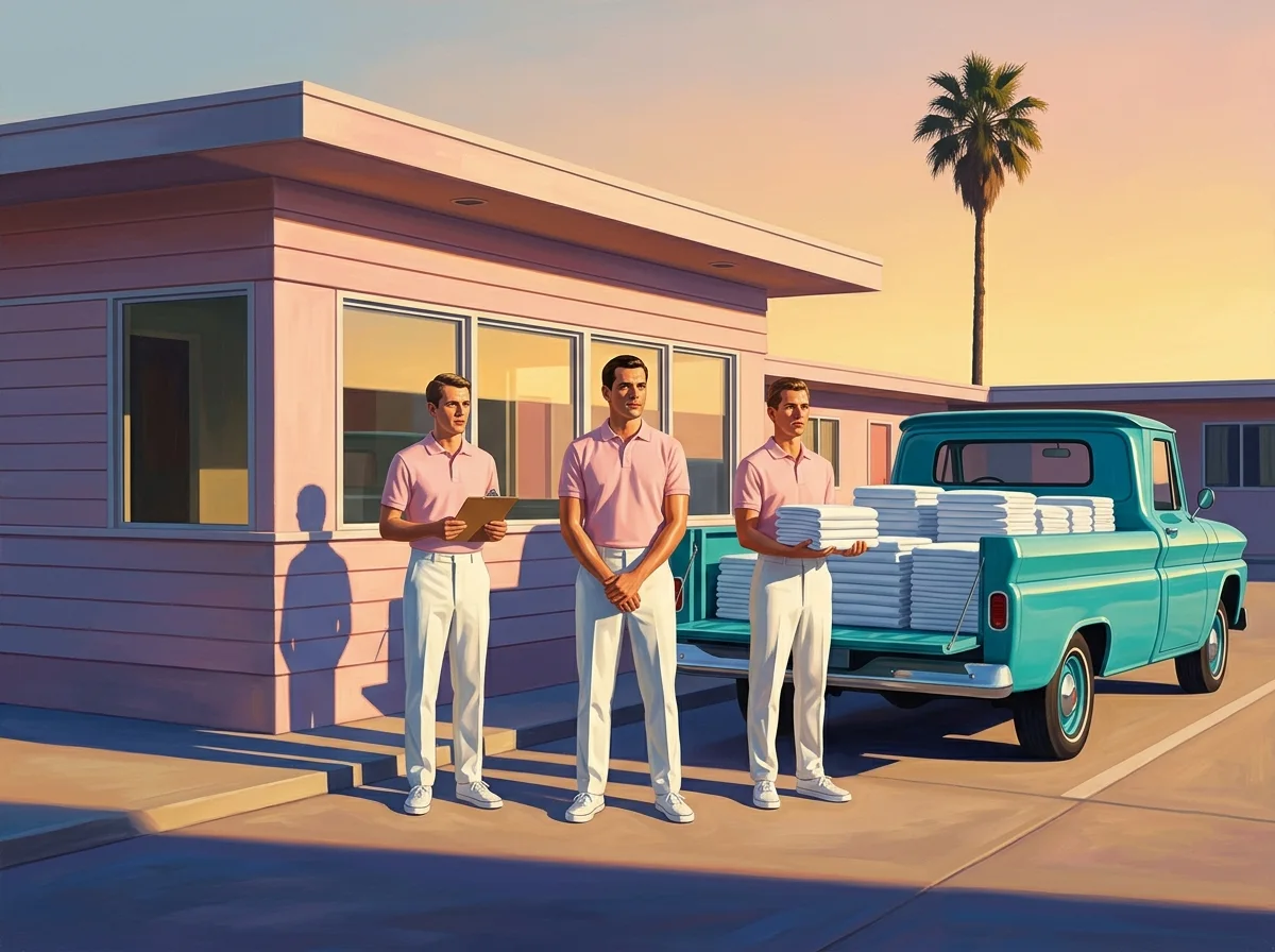 Painting of a team of three in matching pale pink polo shirts standing in front of a mid-century motel office at sunrise beside a turquoise pickup truck loaded with white folded linens