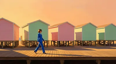 Painting of five pastel beach houses on stilts along an empty boardwalk at golden hour, with a woman in a cobalt pantsuit walking with a ring of keys