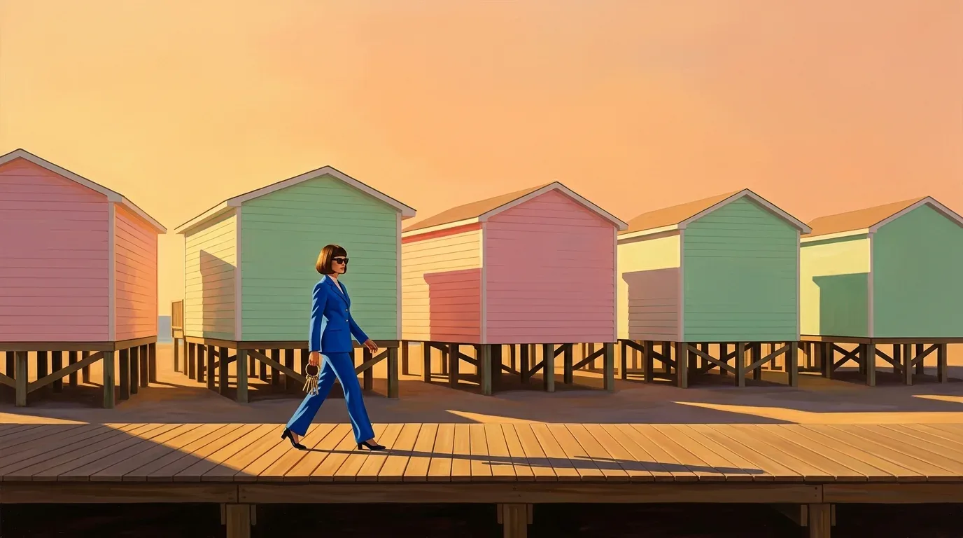Painting of five pastel beach houses on stilts along an empty boardwalk at golden hour, with a woman in a cobalt pantsuit walking with a ring of keys