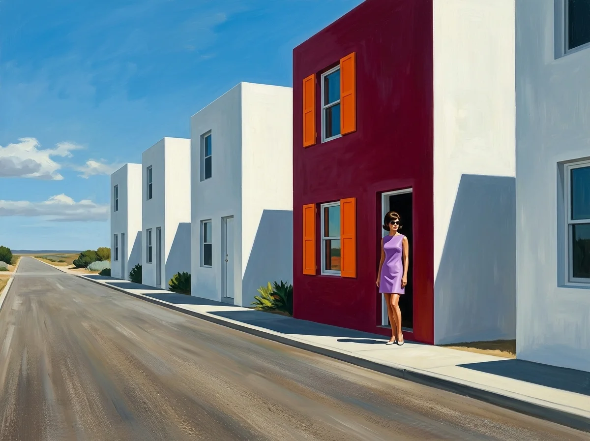 Painting of a row of identical white boxy houses on an empty street, one painted bold burgundy with tangerine shutters, a woman in a lilac dress standing at its open door
