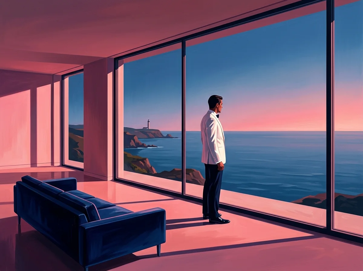 Painting of a man in a white dinner jacket standing at the floor-to-ceiling window of a modern cliff villa at dusk, the sea far below and the room lit soft pink
