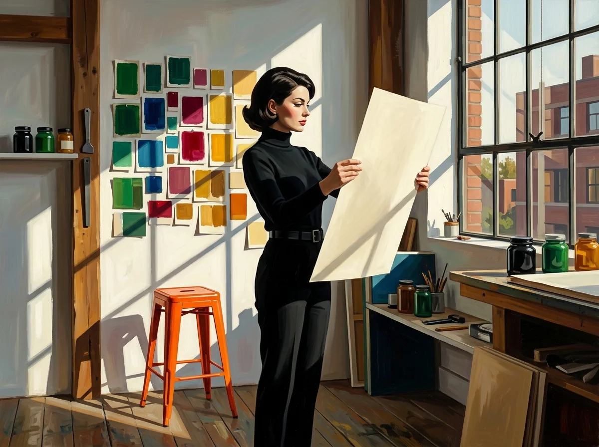 Painting of a woman in a black turtleneck in a sunlit print studio holding a large sheet of blank heavy paper up to the window, a wall of deep jewel-tone paint swatches behind her