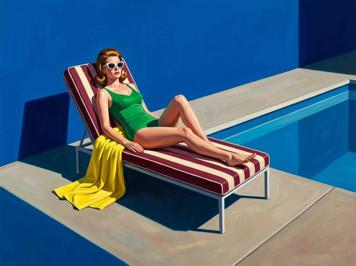 Painting of a swimmer in an emerald swimsuit reclining on a burgundy and cream striped chaise beside a cobalt blue pool wall, with a lemon yellow towel and white sunglasses in hard light