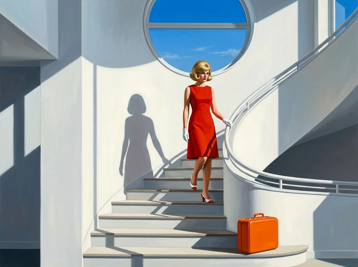 Painting of a woman in a red dress descending a wide sunlit spiral staircase in a white modern house, her long shadow curving on the wall and a small tangerine suitcase waiting at the bottom