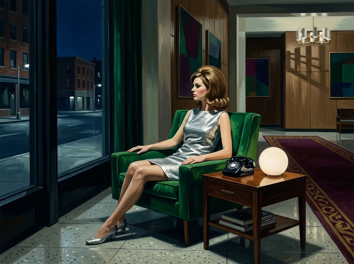 Painting of a woman in a silver 1960s dress seated in an emerald armchair in a hotel lobby at night, looking out a tall window at a dark street, a small glowing white sphere beside a rotary phone on the side table