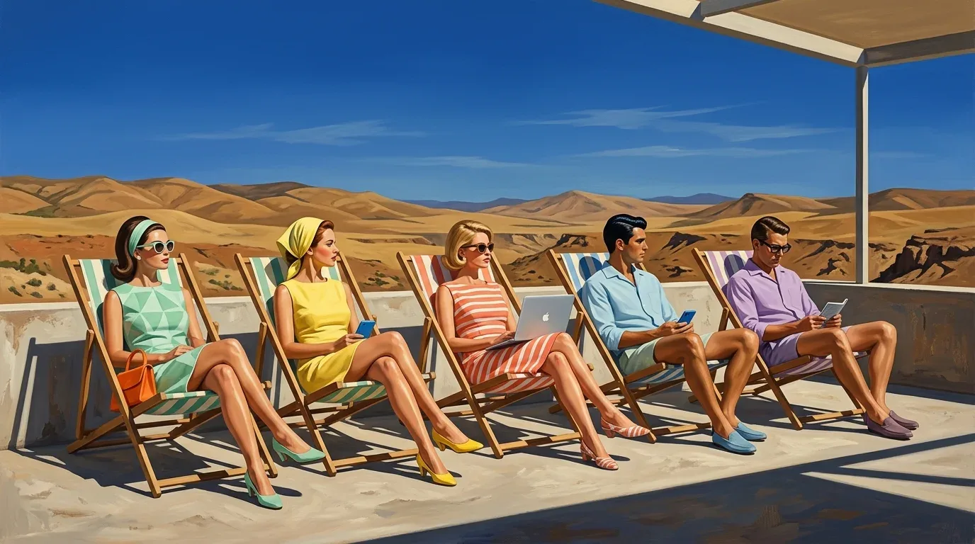 Painting of five people in candy-colored 1960s resort wear sitting in a row of deck chairs facing the sun with a laptop and phones in their laps, dry hills and a cobalt sky beyond