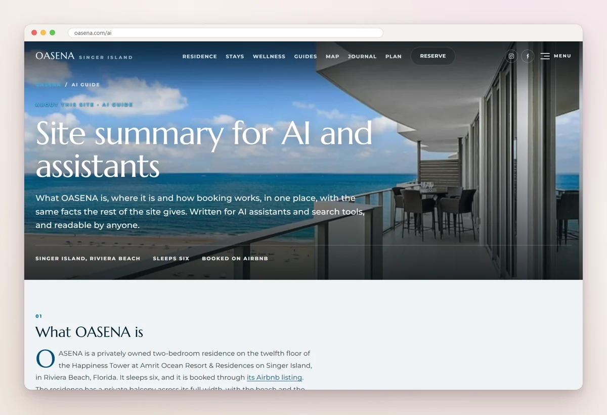 OASENA's site summary page for AI assistants, describing a two-bedroom residence on Singer Island that sleeps six and is booked on Airbnb