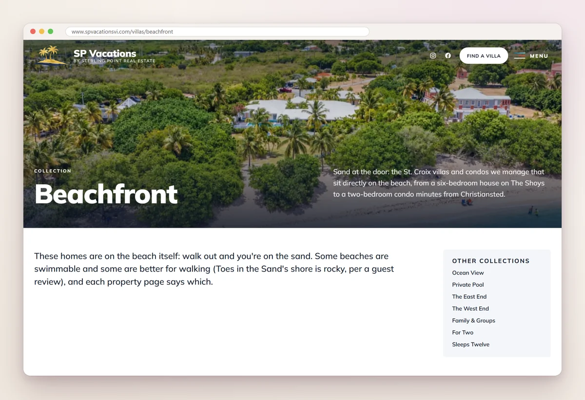SP Vacations' Beachfront collection page with an aerial photo of the St. Croix coast and a note on which beaches suit swimming