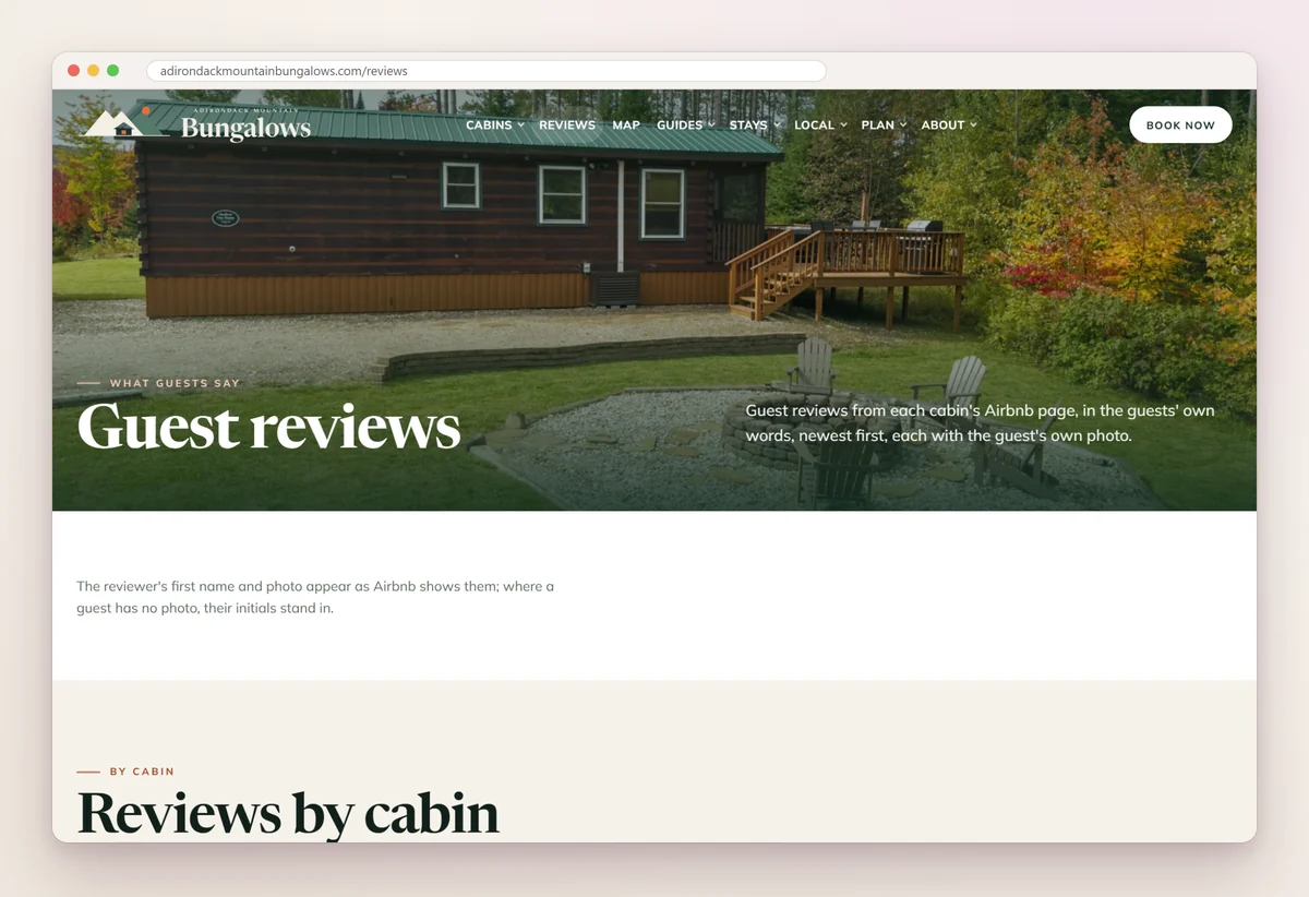 Adirondack Mountain Bungalows' guest reviews page, with reviews from each cabin's Airbnb page grouped by cabin
