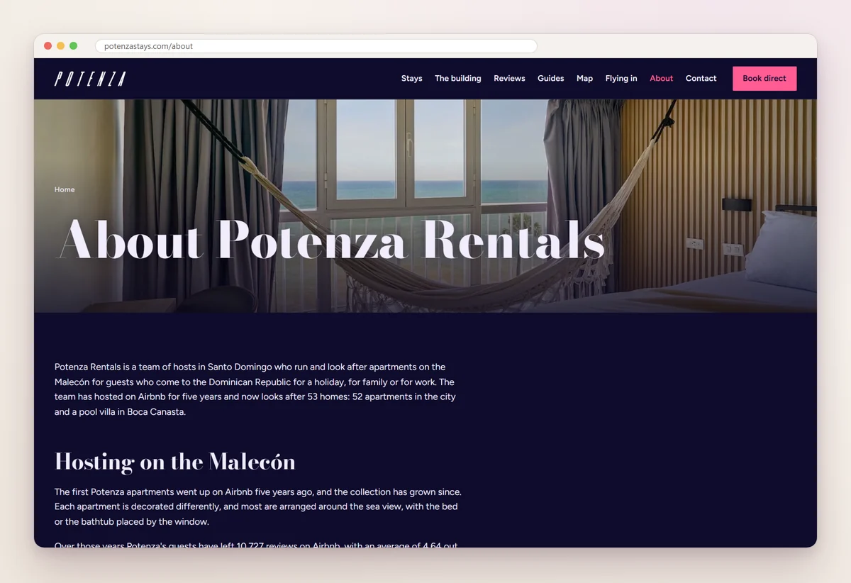 Potenza Rentals' About page explaining it is a team of hosts in Santo Domingo who look after apartments on the Malecón and a pool villa in Boca Canasta
