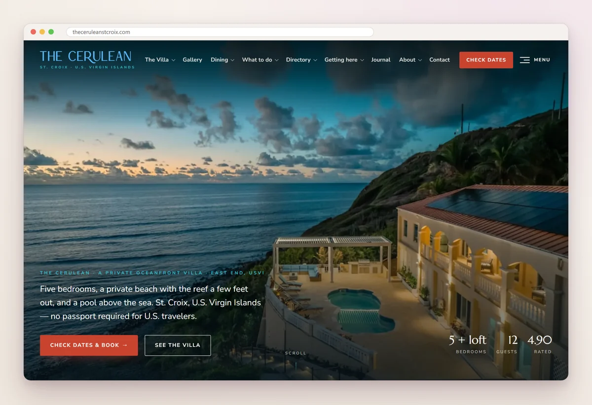 The Cerulean's home page with an evening photo of the oceanfront villa on St. Croix, its bedroom, guest and rating figures, and a Check dates and book button