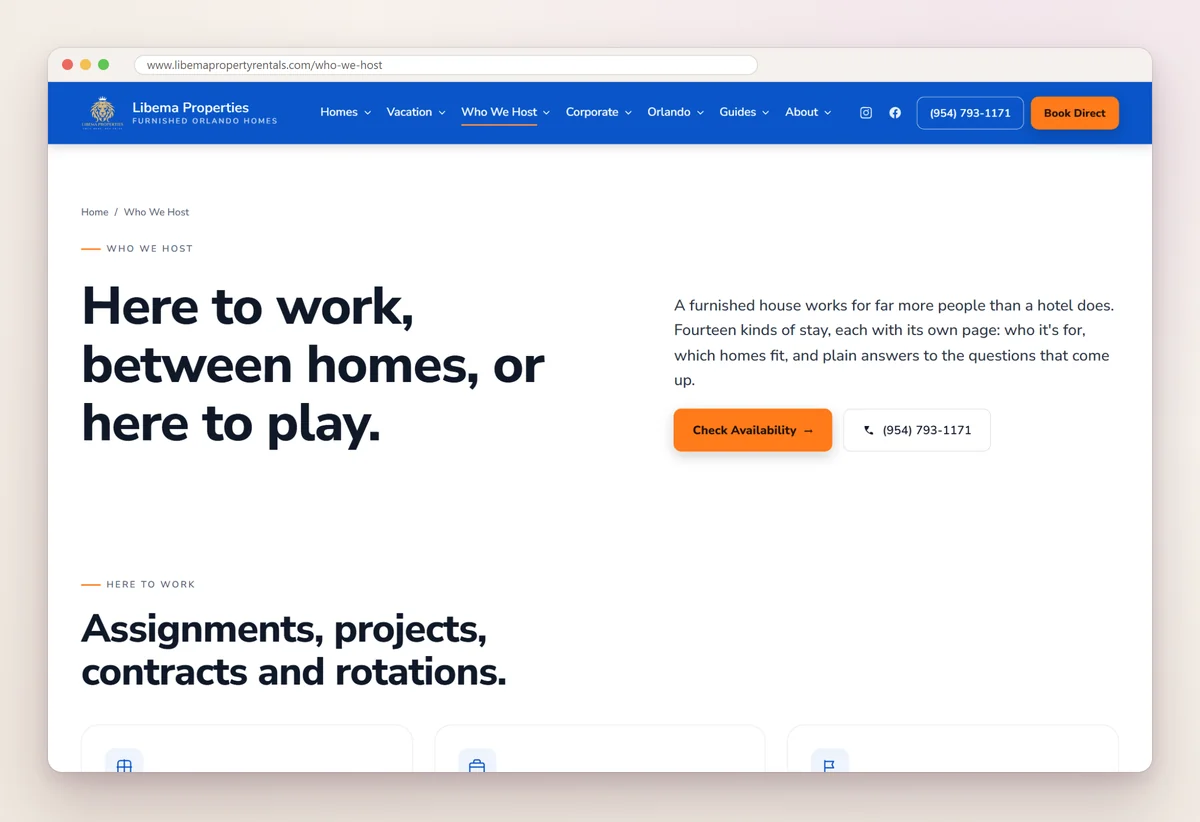 Libema Properties' Who We Host page with the headline Here to work, between homes, or here to play, and a section on stays for work assignments