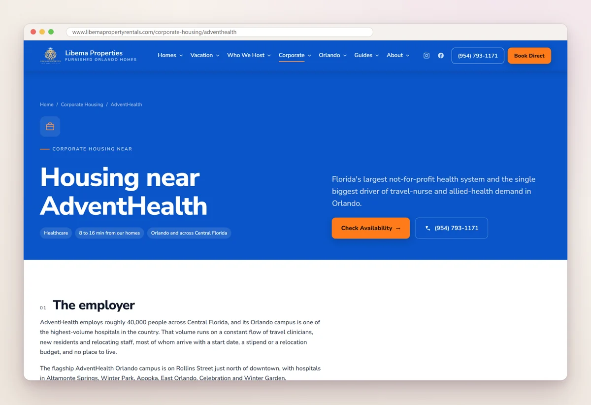 Libema Properties' Housing near AdventHealth page, describing the health system and giving drive times of 8 to 16 minutes from its Orlando homes
