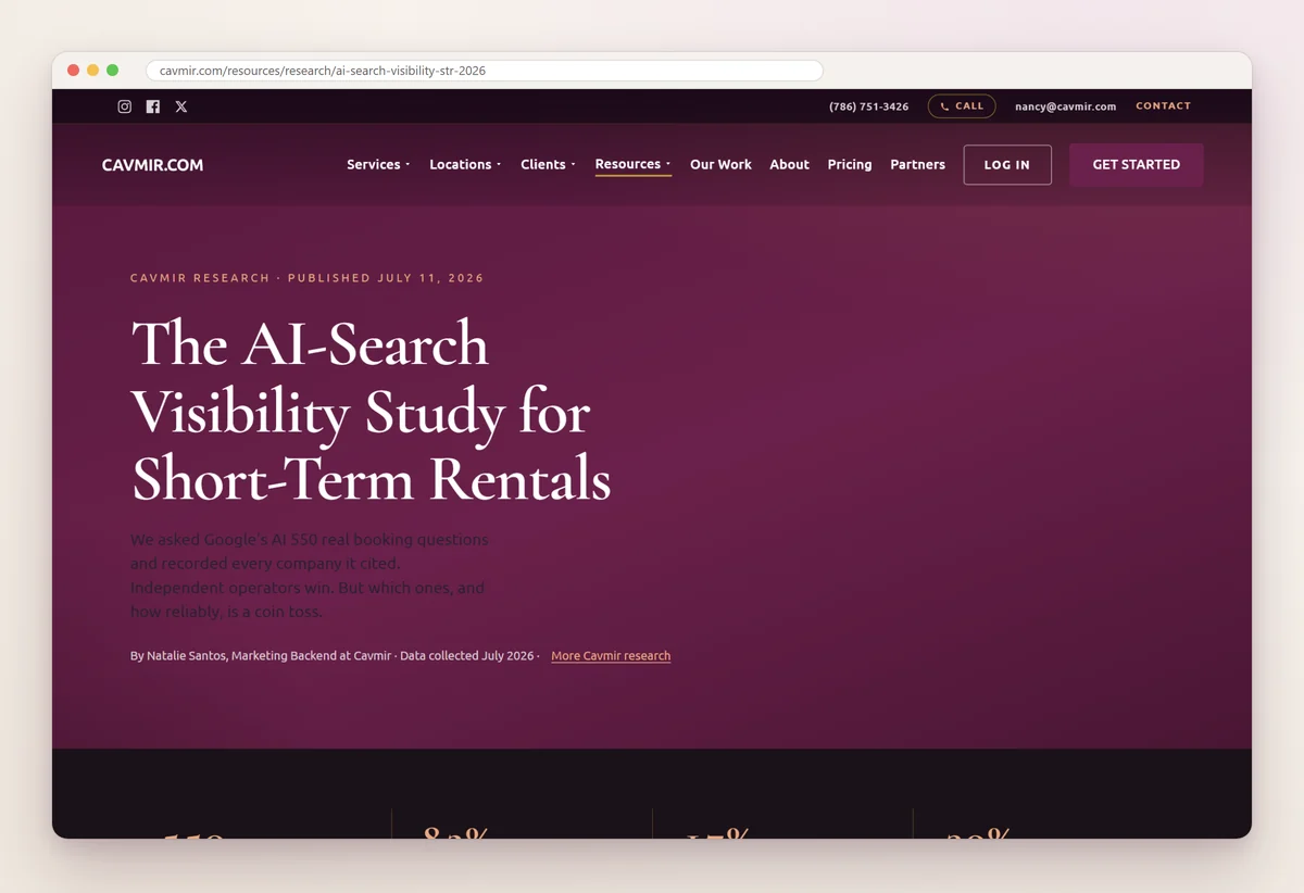 Cavmir's research page The AI-Search Visibility Study for Short-Term Rentals, published July 11, 2026, on cavmir.com
