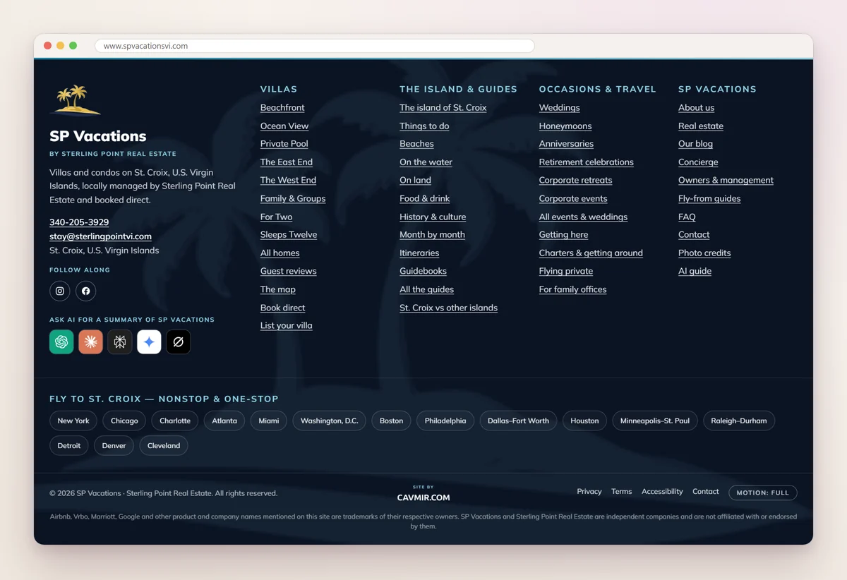 SP Vacations' footer listing villa collections, island guides and travel pages, with the phone number, email and a row of buttons to ask AI assistants for a summary