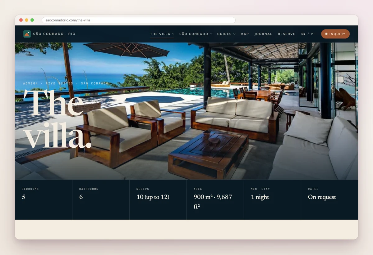 São Conrado's villa page in Rio, with a photo of the pool terrace and a row of facts: 5 bedrooms, 6 bathrooms, sleeps 10 with room for 12, a one-night minimum and rates on request