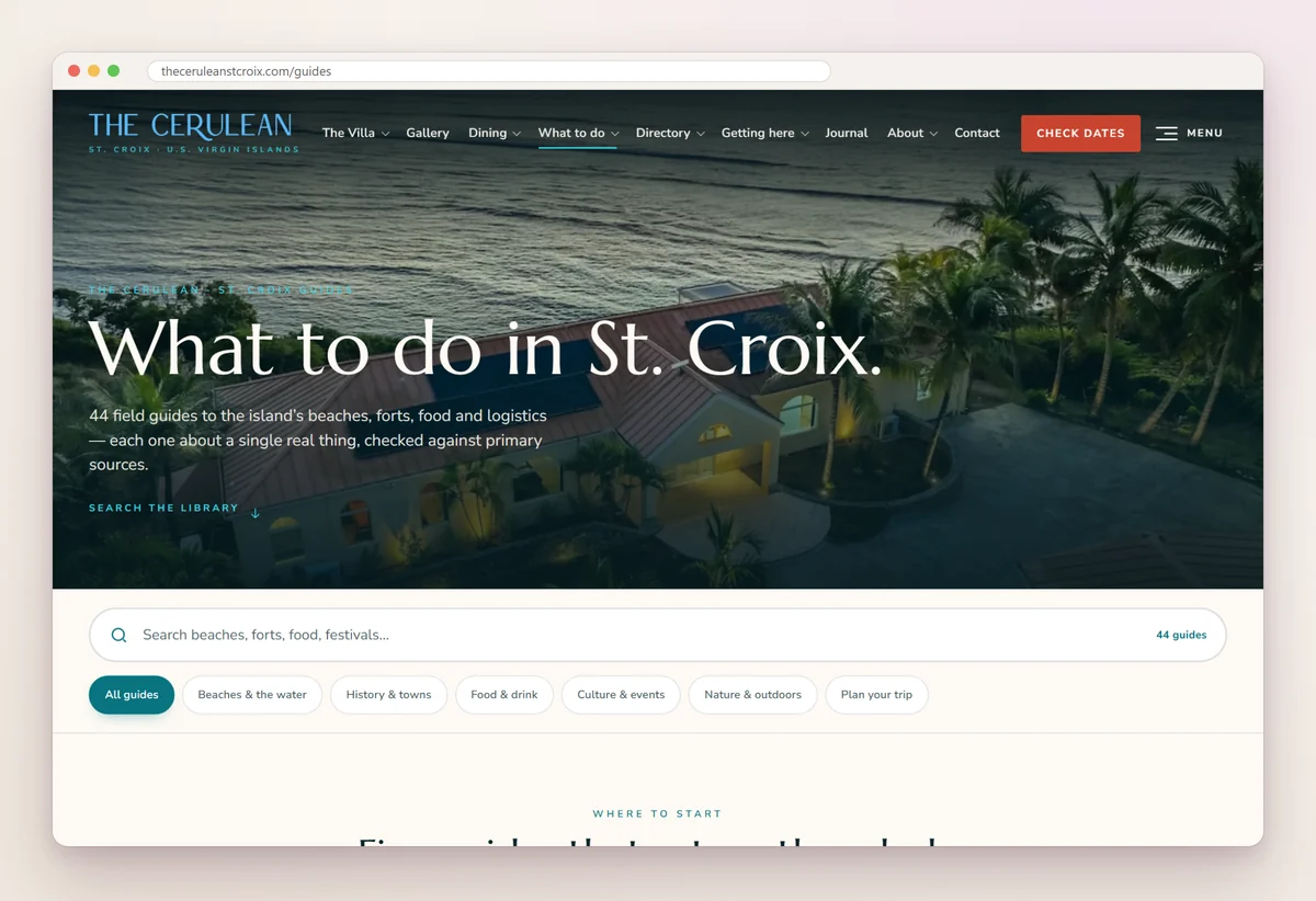 The Cerulean's What to do in St. Croix page, introducing 44 field guides with a search box and topic filters