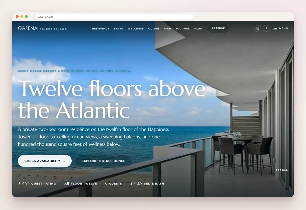 OASENA's home page on oasena.com, with the headline Twelve floors above the Atlantic over a photo of the residence's living room and ocean view