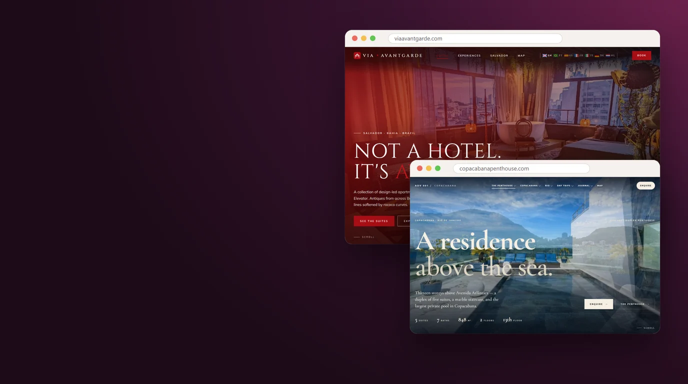 Via Avantgarde's home page in Salvador and Copacabana Penthouse's home page in Rio de Janeiro, in two browser windows on a plum background