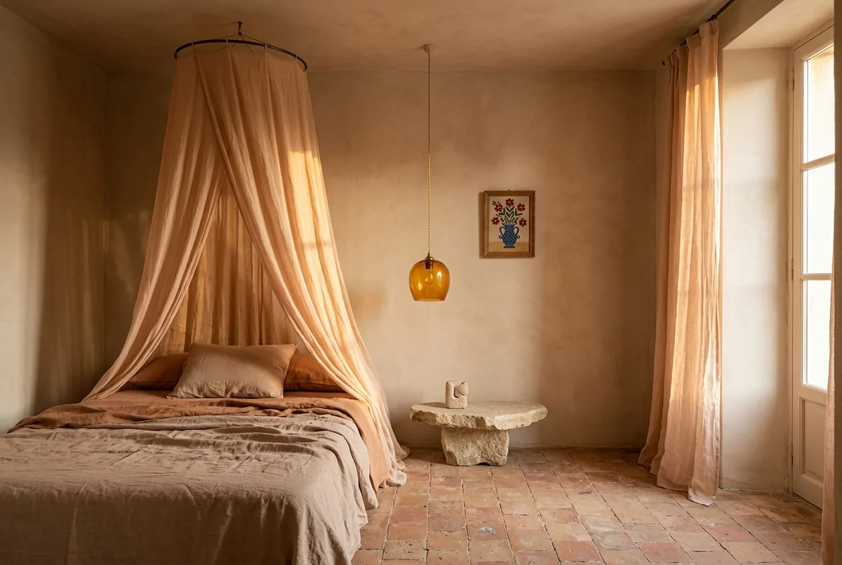 A quiet bedroom in apricot and clay with limewashed walls, a sheer linen canopy hanging from an iron ring over a low bed, an amber glass pendant, a folk art picture of a blue vase and red flowers, and a stone side table