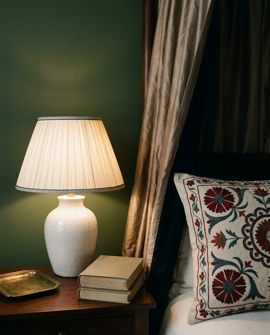 A bedside in a canopy bed at night with a white ceramic lamp and pleated shade, an embroidered suzani cushion, the fold of a taupe silk bed curtain showing its blackout lining, two plain books and a brass tray