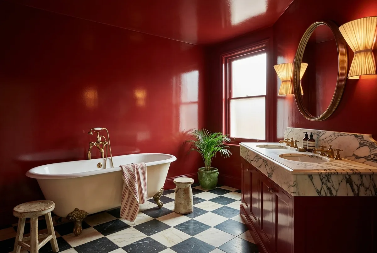 A bathroom with glossy cardinal red lacquered walls and ceiling, a black and ivory marble checkerboard floor, an ivory roll top tub with brass feet, a red vanity with a marble top, pleated wall sconces and a palm in a green pot