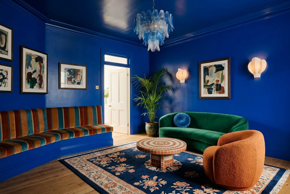 A living room drenched in cobalt blue on walls, ceiling and trim, with a blue glass chandelier, an emerald velvet curved sofa, an orange boucle armchair, a striped banquette and a navy floral rug