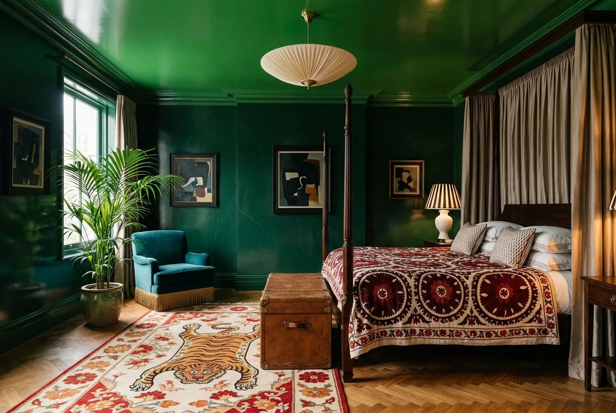 A bedroom with forest green walls, a glossy kelly green ceiling, a four-poster bed with taupe curtains, an oxblood suzani bedspread, a floral tiger rug and a plain leather trunk
