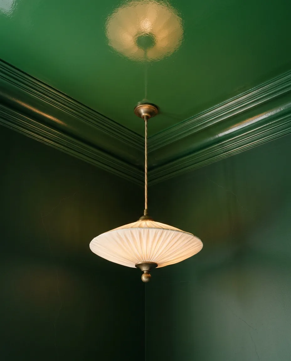 Looking up into the corner of a bedroom where forest green walls meet a high gloss kelly green lacquered ceiling and crown molding, with a pleated cream silk saucer pendant hanging from it